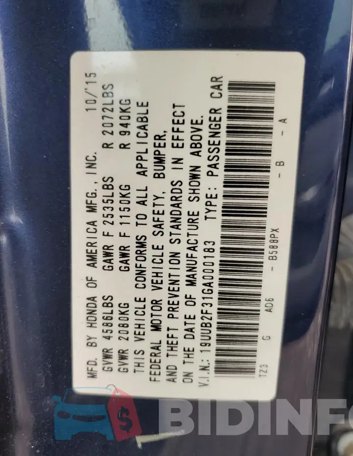 19UUB2F31GA000183 Photo# 13