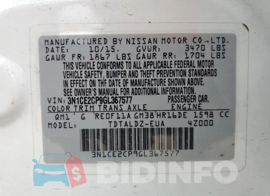 3N1CE2CP9GL367577 Photo# 12