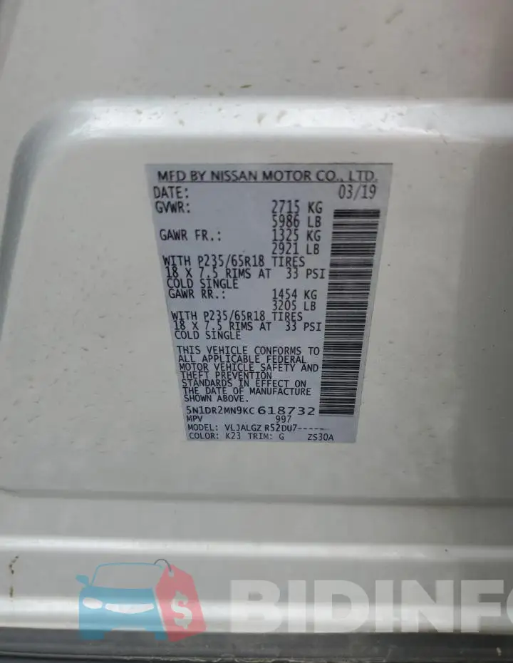 5N1DR2MN9KC618732 Photo# 13