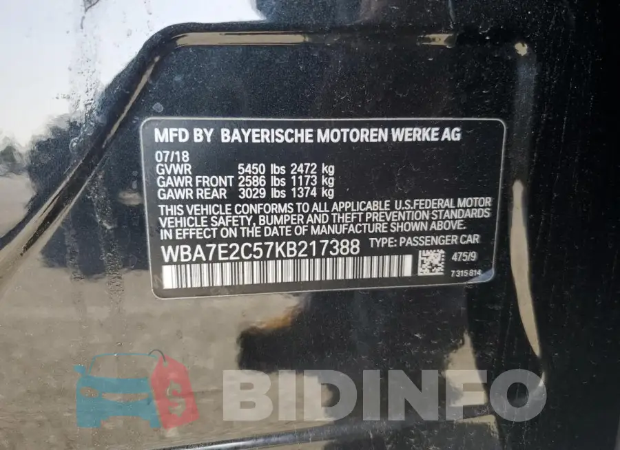 WBA7E2C57KB217388 Photo# 12