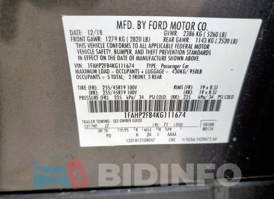 1FAHP2F84KG111674 Photo# 12