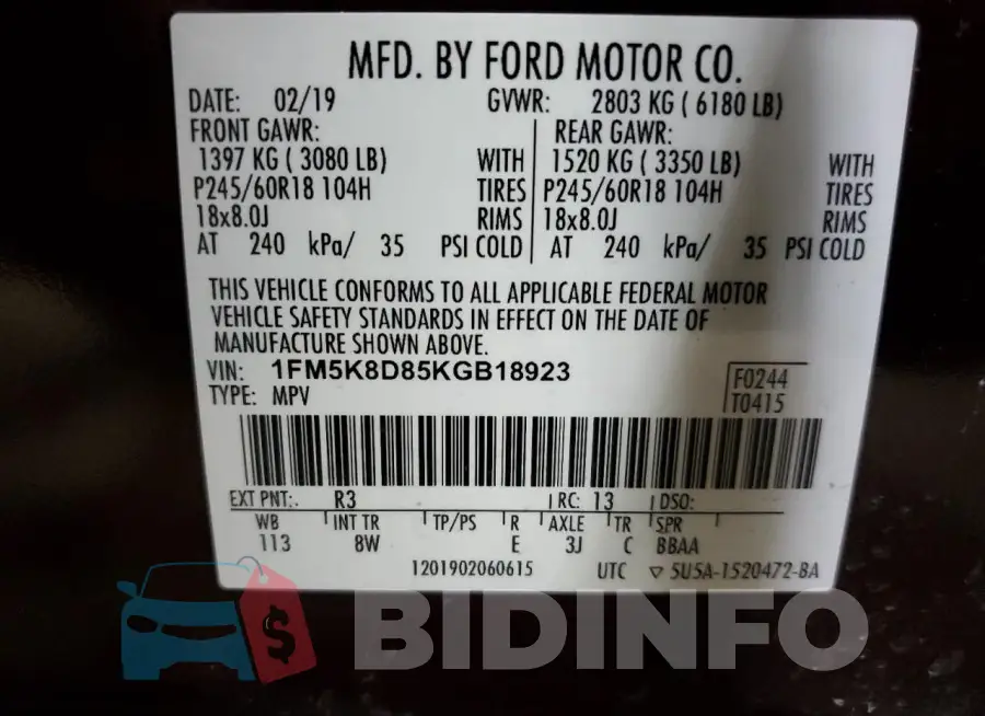 1FM5K8D85KGB18923 Photo# 13