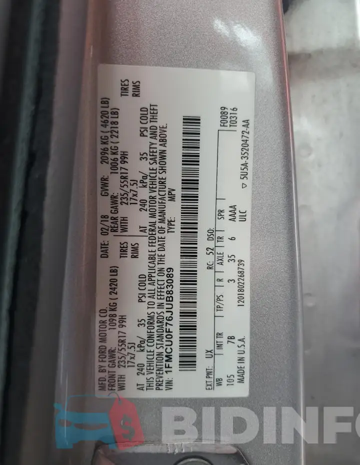 1FMCU0F76JUB83089 Photo# 14