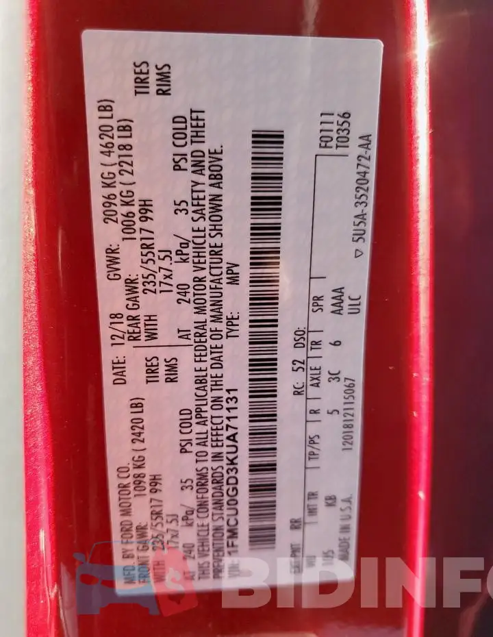 1FMCU0GD3KUA71131 Photo# 13
