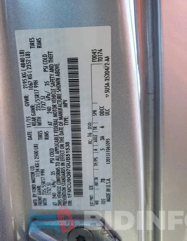 1FMCU9G97GUB51538 Photo# 13