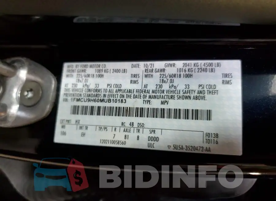 1FMCU9H60MUB10183 Photo# 13