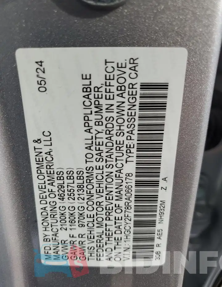 1HGCY2F78RA066178 Photo# 13