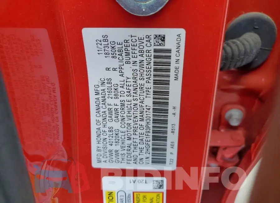 2HGFE1F93PH301747 Photo# 12
