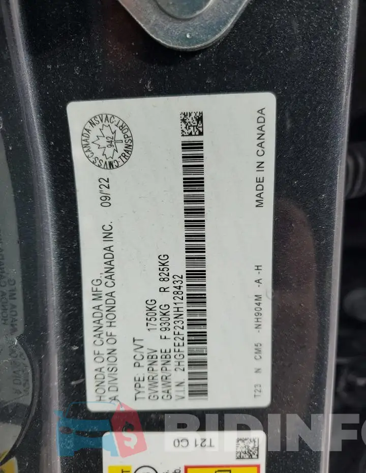 2HGFE2F23NH128432 Photo# 12
