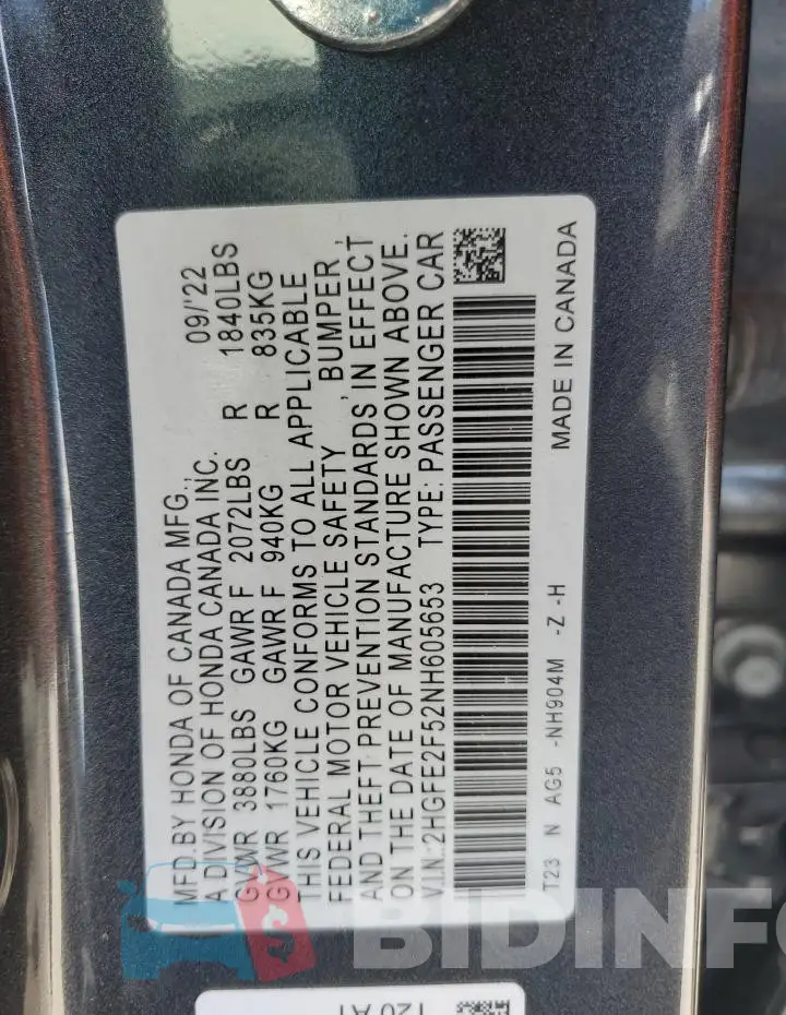 2HGFE2F52NH605653 Photo# 12