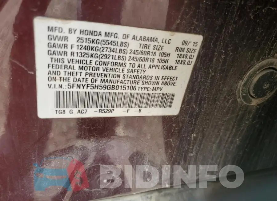 5FNYF5H59GB015106 Photo# 14