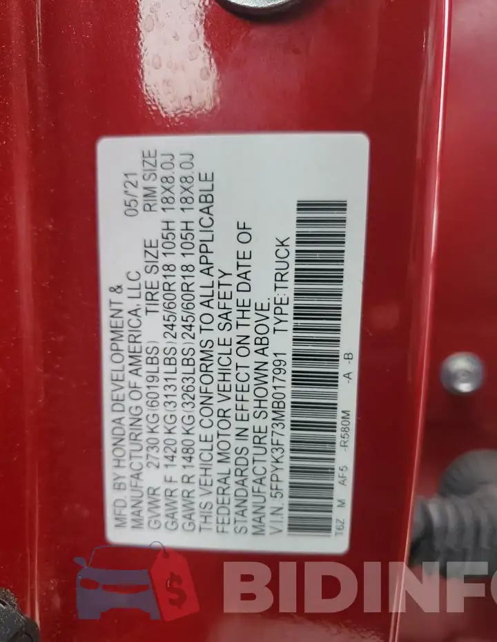 5FPYK3F73MB017991 Photo# 12