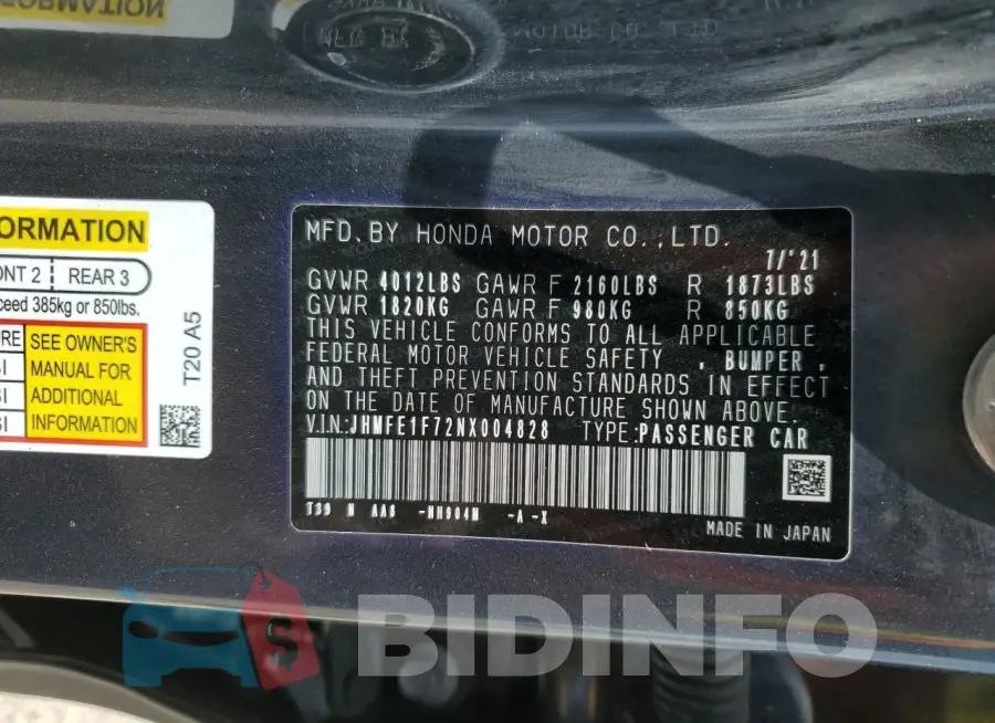 JHMFE1F72NX004828 Photo# 13