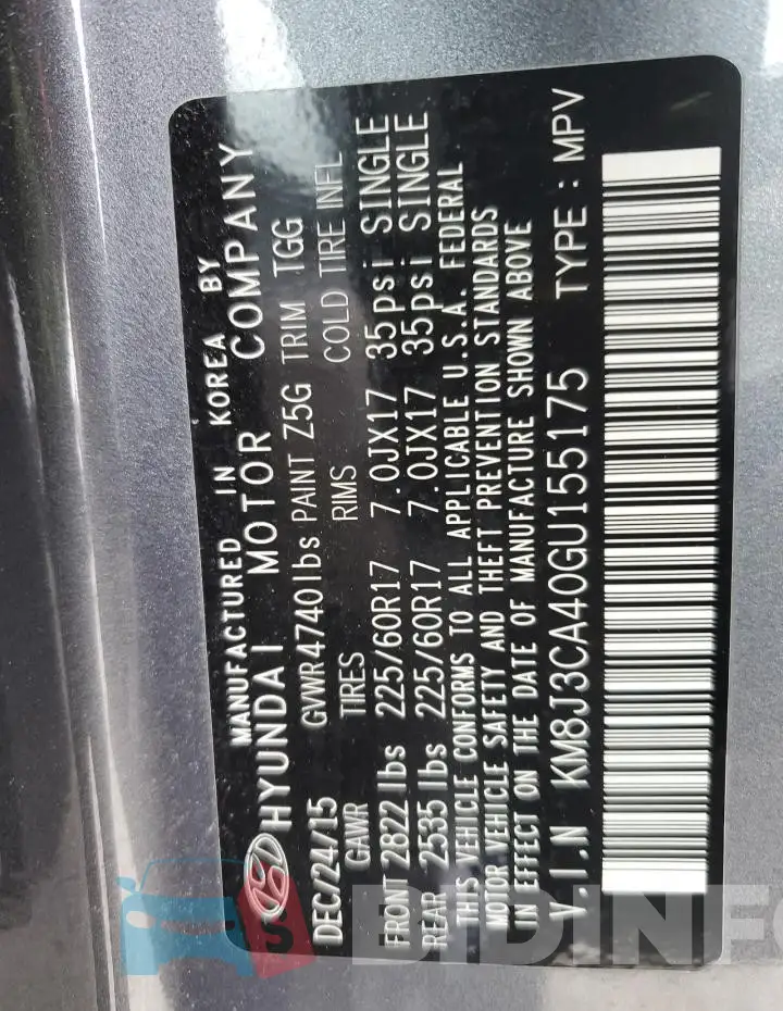 KM8J3CA40GU155175 Photo# 14