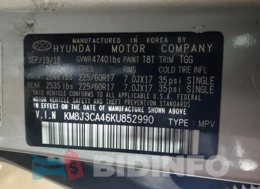 KM8J3CA46KU852990 Photo# 13