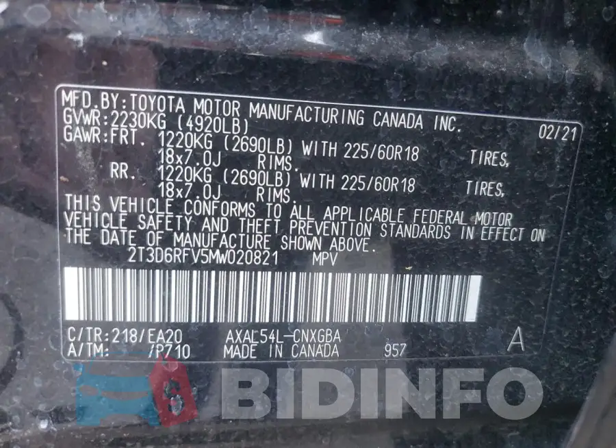 2T3D6RFV5MW020821 Photo# 13