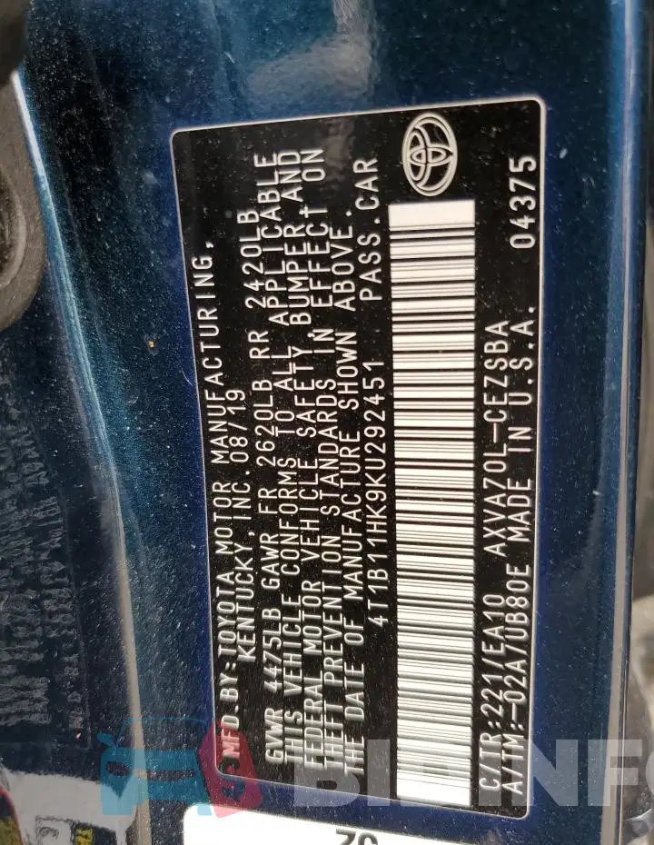 4T1B11HK9KU292451 Photo# 12