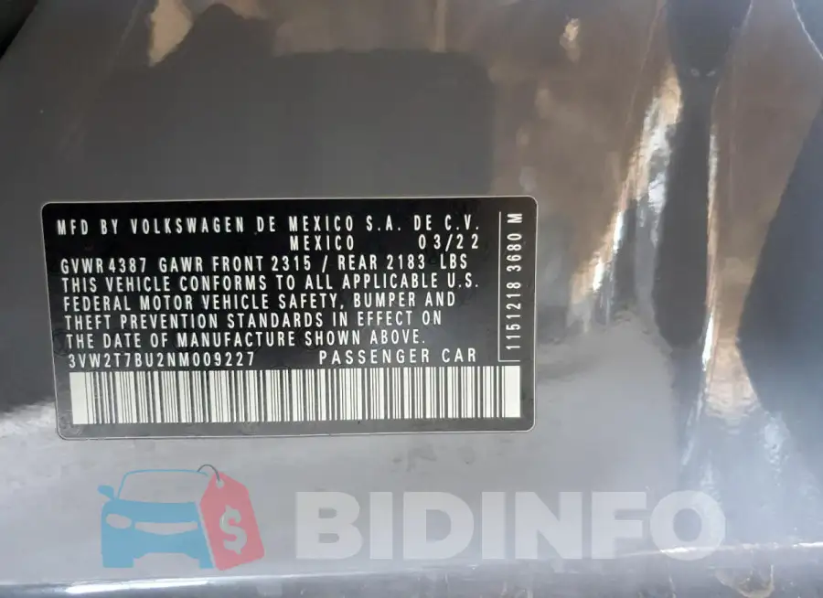 3VW2T7BU2NM009227 Photo# 13