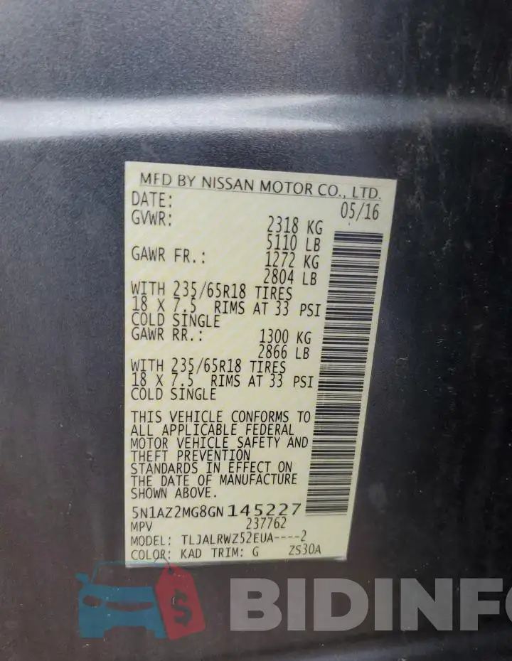 5N1AZ2MG8GN145227 Photo# 13