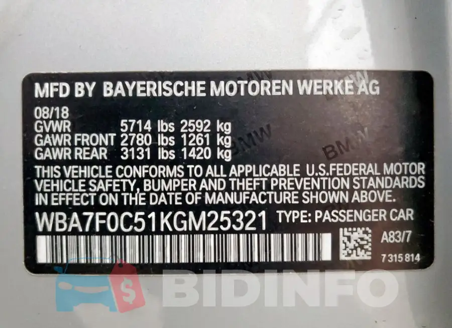 WBA7F0C51KGM25321 Photo# 12