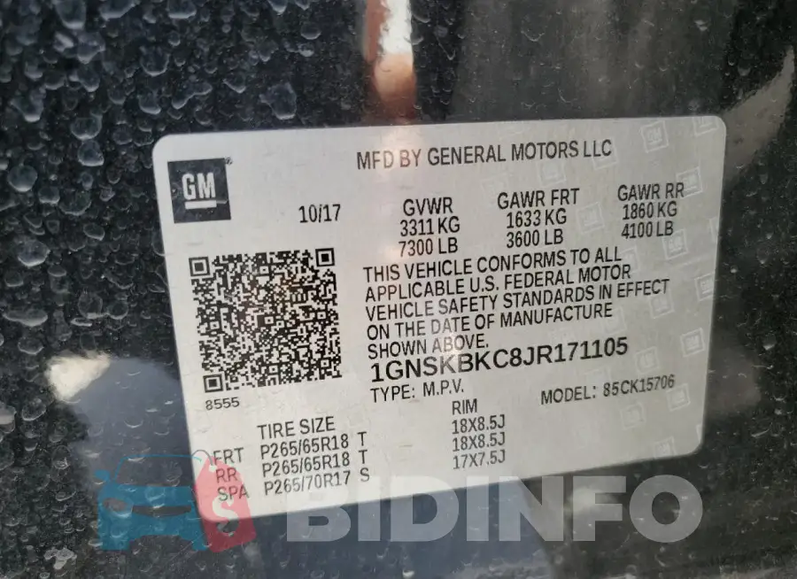 1GNSKBKC8JR171105 Photo# 13