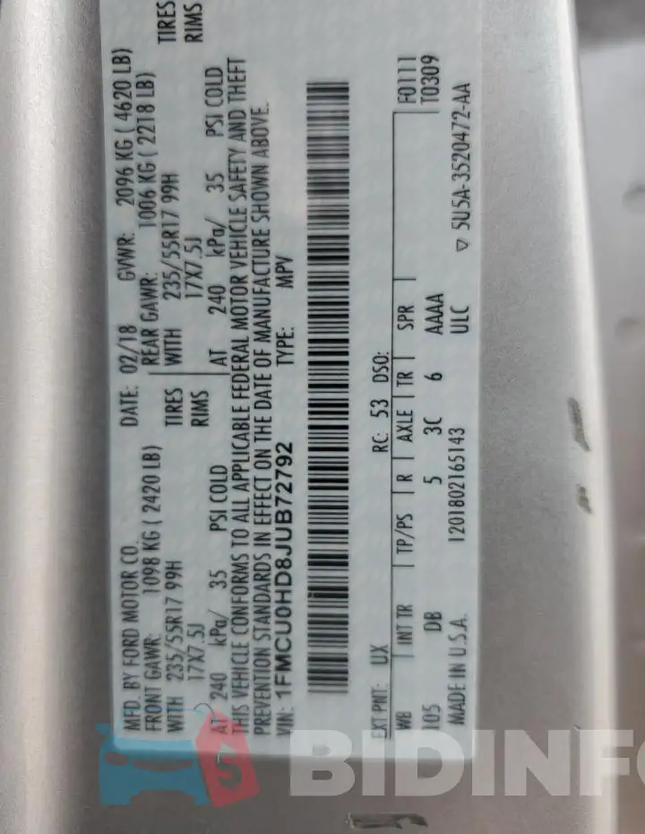 1FMCU0HD8JUB72792 Photo# 13