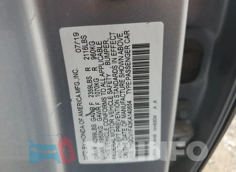 1HGCV1F43KA140654 Photo# 12