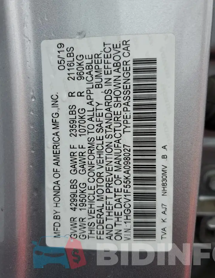 1HGCV1F55KA098027 Photo# 12