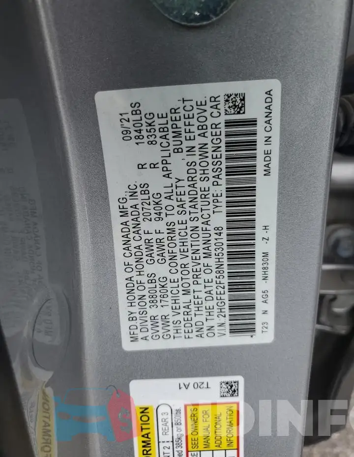 2HGFE2F58NH530148 Photo# 13