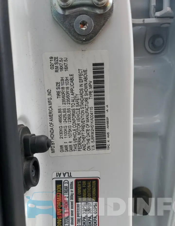 5J6RW2H51KA004115 Photo# 13