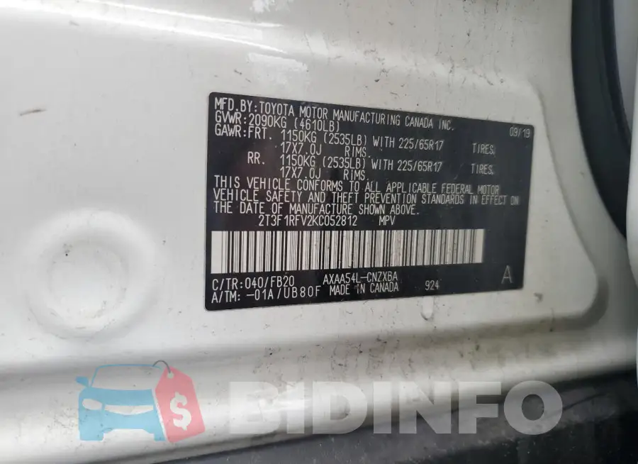 2T3F1RFV2KC052812 Photo# 13