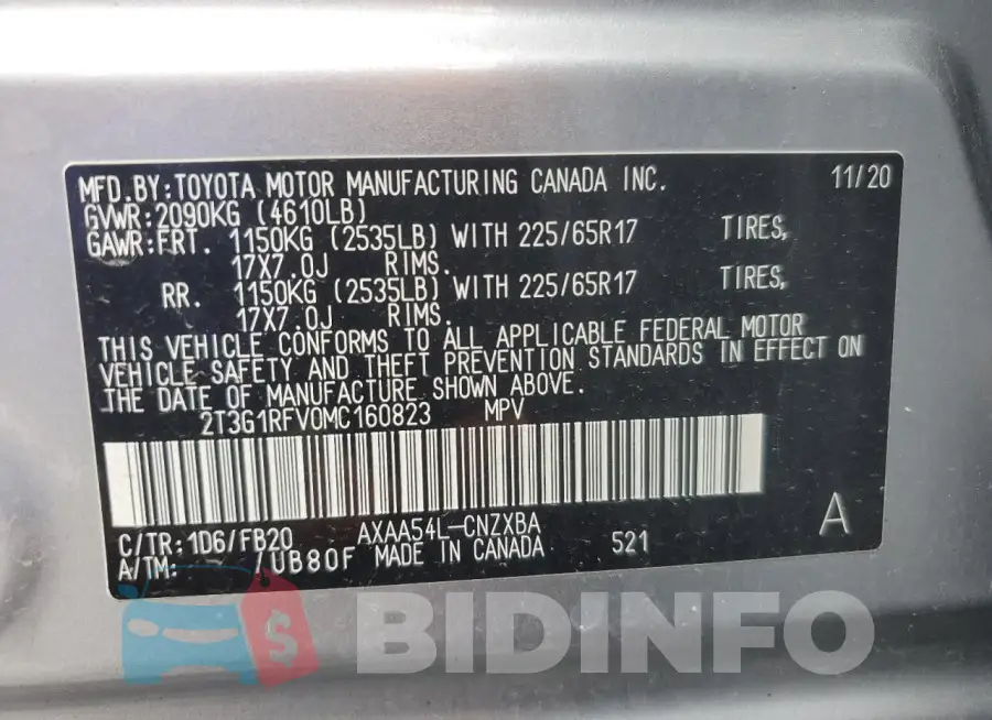 2T3G1RFV0MC160823 Photo# 13