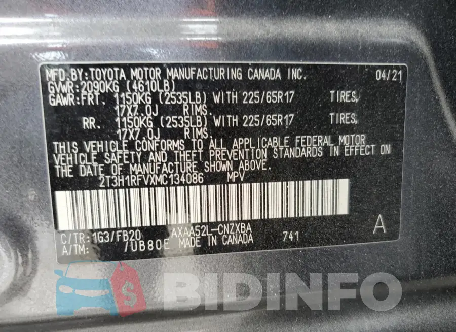 2T3H1RFVXMC134086 Photo# 13