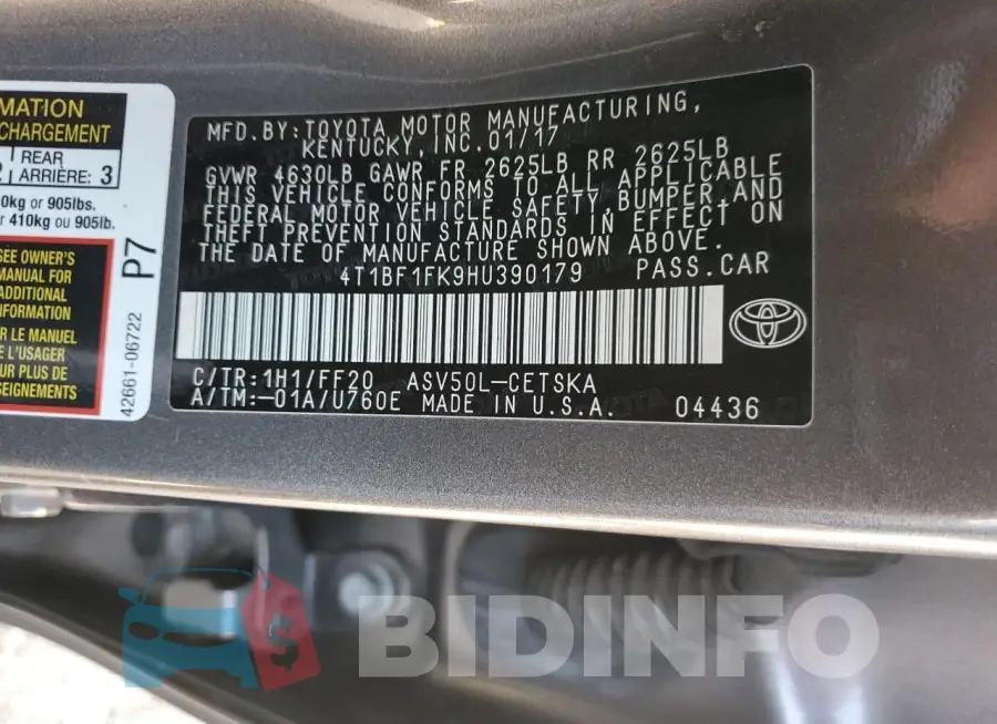 4T1BF1FK9HU390179 Photo# 12