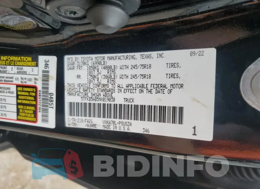5TFKB5AB5NX019030 Photo# 12