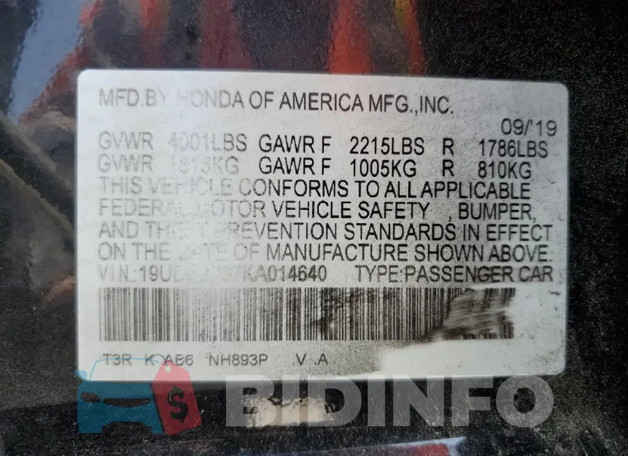 19UDE2F37KA014640 Photo# 12
