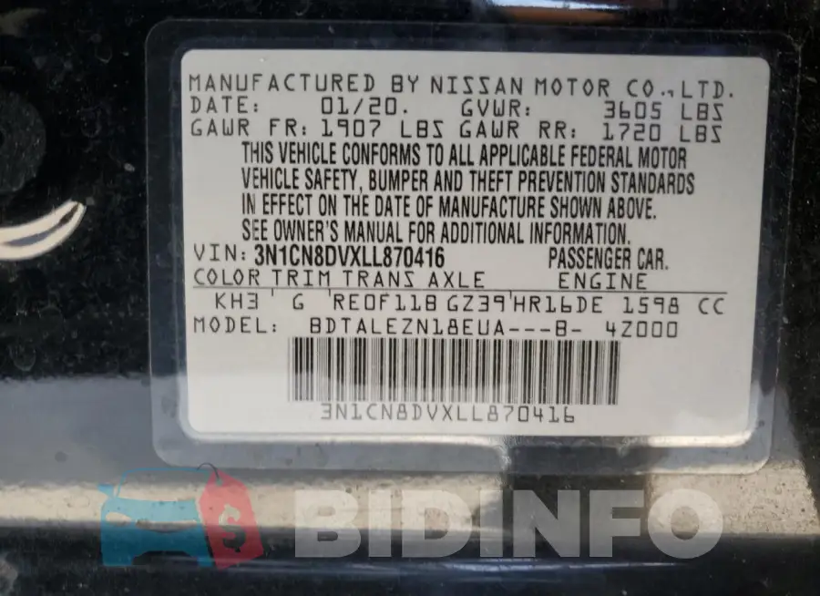 3N1CN8DVXLL870416 Photo# 12