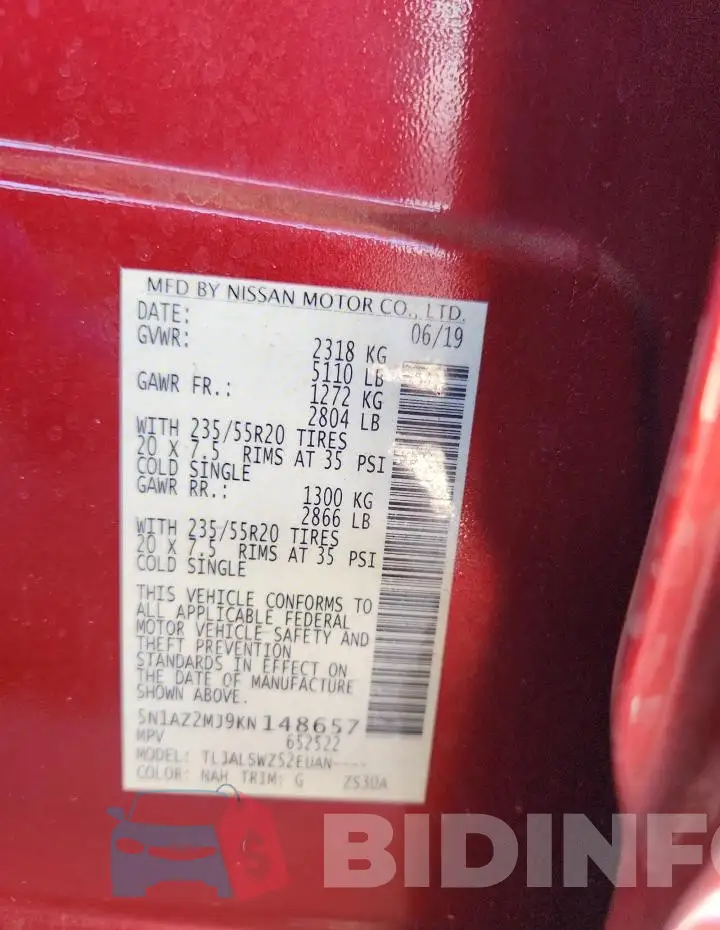 5N1AZ2MJ9KN148657 Photo# 13