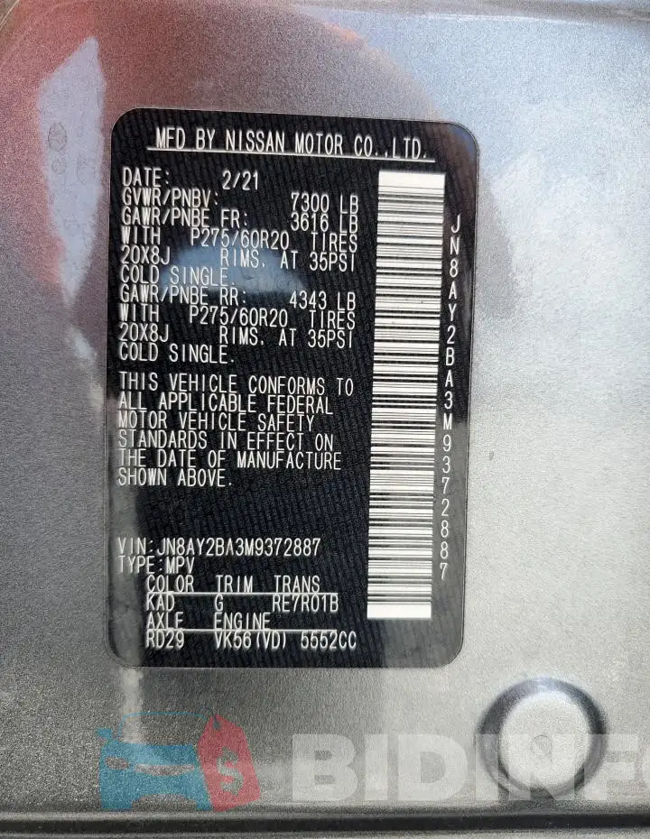 JN8AY2BA3M9372887 Photo# 14
