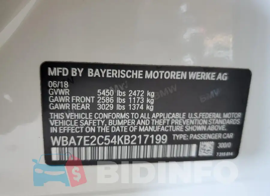 WBA7E2C54KB217199 Photo# 13