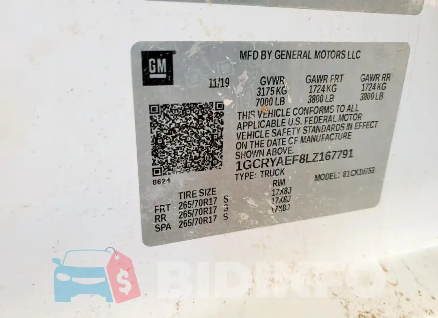 1GCRYAEF8LZ167791 Photo# 12