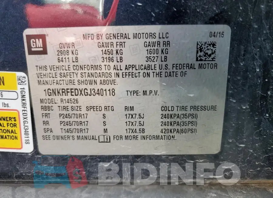 1GNKRFEDXGJ340118 Photo# 13