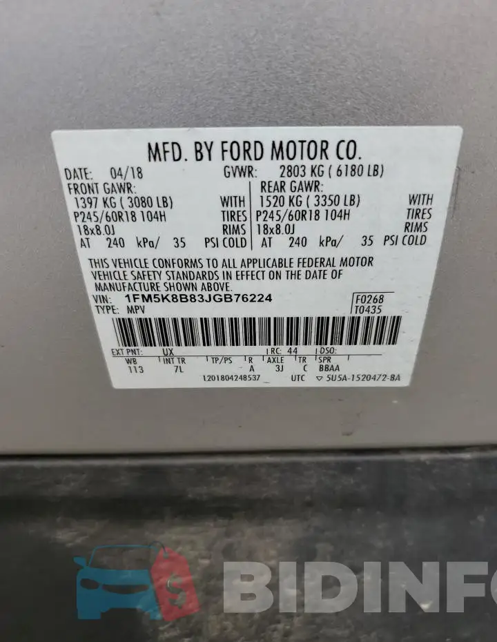 1FM5K8B83JGB76224 Photo# 14