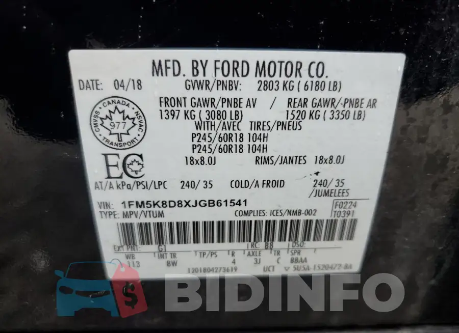 1FM5K8D8XJGB61541 Photo# 13