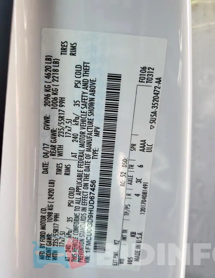 1FMCU0GD9HUD67456 Photo# 12
