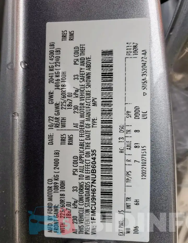 1FMCU9H67NUB60435 Photo# 14