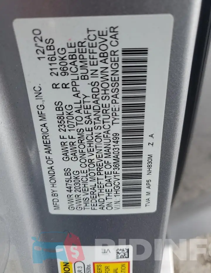 1HGCV1F36MA031499 Photo# 13