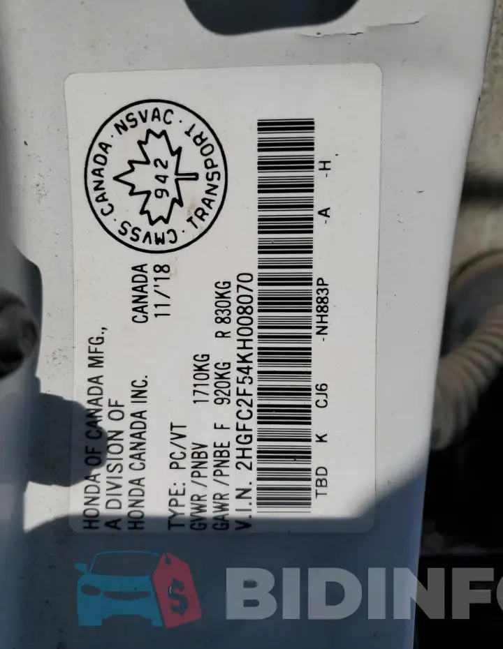 2HGFC2F54KH008070 Photo# 13