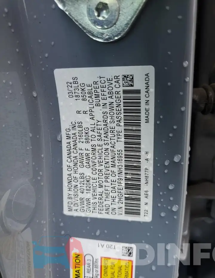 2HGFE1F91NH316955 Photo# 12