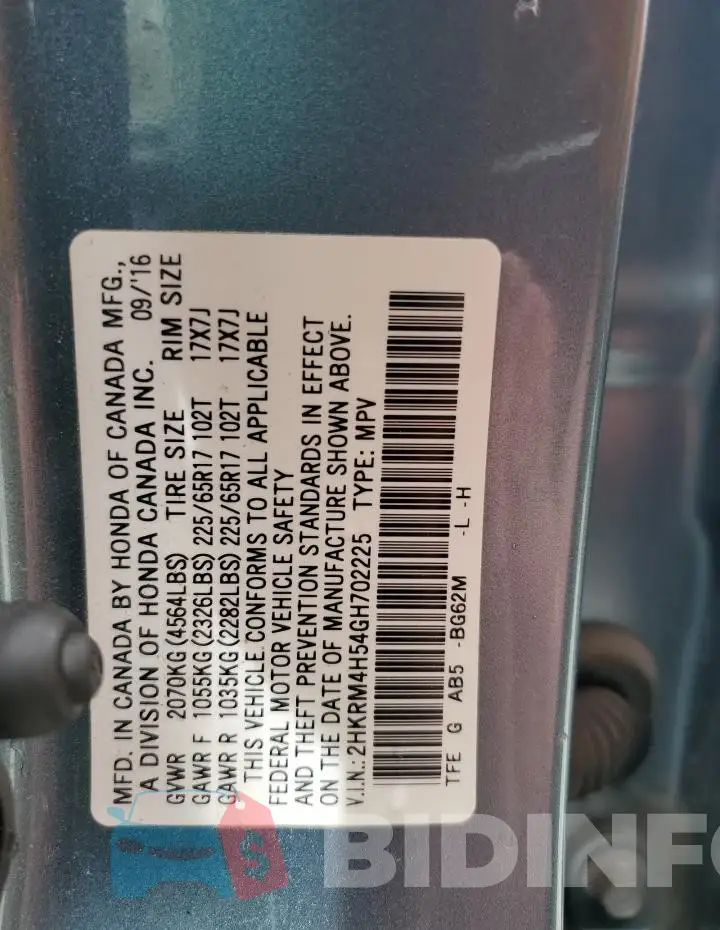 2HKRM4H54GH702225 Photo# 12
